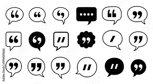 Speech bubbles icon set with black and white quote marks and text bubbles featuring icons, communication, dialogue with