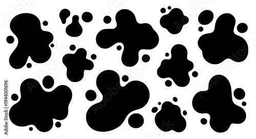 Blobs black ink splatter with irregular shapes and sizes on white background featuring graphic resource, artistic