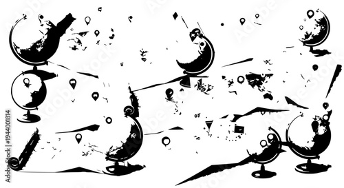 Globes set with grunge effects and splatters in black featuring illustration, vector, graphic with resource and icons