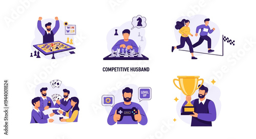 Illustration of a competitive husband engaging in board games running video games and winning a trophy