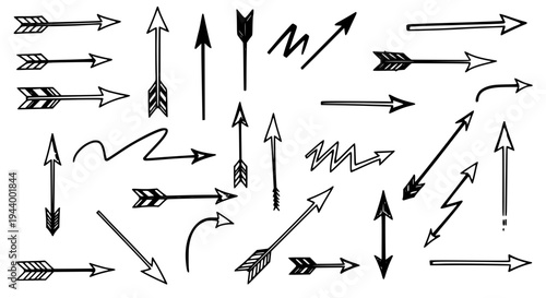 Arrows hand drawn set with black curved lines and straight vector illustrations featuring graphic resources, design