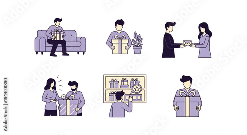 Set of six lineart illustrations showing people giving receiving and selecting gifts
