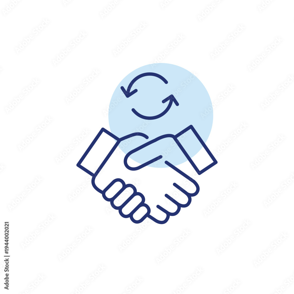 Fototapeta premium Handshake and renew arrows. Partnership renewal, agreement refresh, business deal update. Pixel perfect, editable stroke vector icon