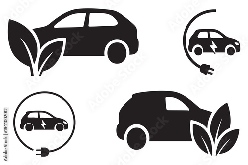 Electric car icons set with eco friendly leaves and charging plug silhouettes