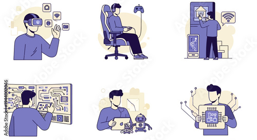 Six icons depicting technology use VR gaming smart home circuit board robotics and microchip