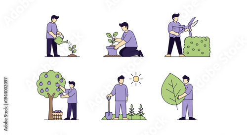 Six illustrations depicting a man performing various gardening tasks outdoors