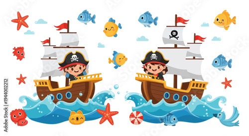 Cute Pirate Kids Sailing on Ships with Ocean Animals and Fish