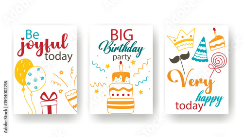 Birthday party set. Cards with text and themed holiday illustrations. Cute invitation templates, postcards, flyers, leaflets, vector graphics