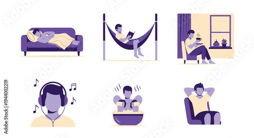 Six illustrations depicting various relaxation activities for men