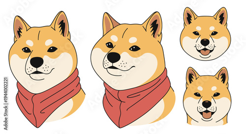 Cute Shiba Inu Dog Faces with Red Scarf, Cartoon Style