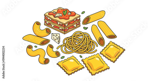 Delicious Pasta Assortment: Lasagna, Spaghetti, Ravioli, Penne, Macaroni, Cheese