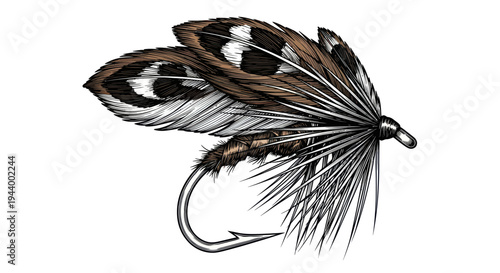 Detailed Illustration of a Fishing Fly Lure with Feathers and Hook