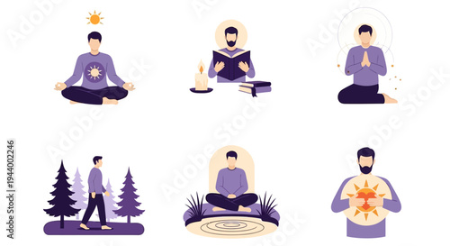 Six illustrations depicting wellness practices including meditation walking and reading