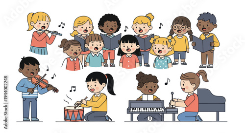 Diverse Children Singing and Playing Musical Instruments Together
