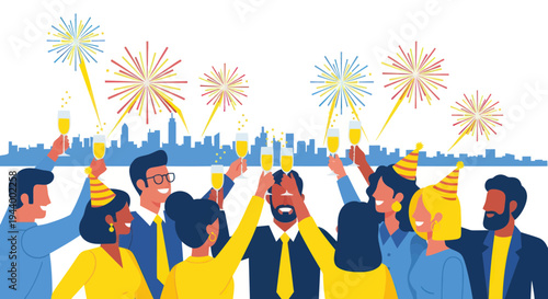 Diverse Group Celebrating Success with Champagne and Fireworks
