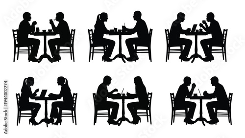 An array of silhouette figures engaged in dining activities across multiple tables in a synchronized manner depicting social gatherings and communal eating experiences