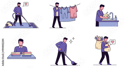 Six illustrations of a man performing household chores vacuuming hanging laundry washing dishes folding clothes sweeping and carrying groceries