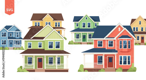 Diverse Suburban Houses Collection - Colorful Residential Buildings