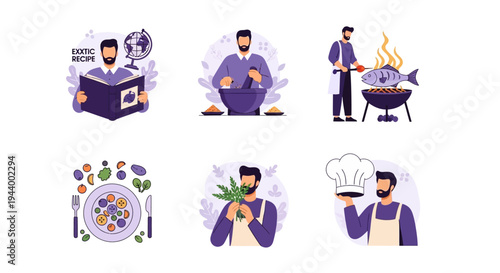 Six illustrations of a bearded man engaged in cooking and culinary activities