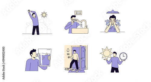 Six sequential illustrations depict a persons morning routine and daily schedule