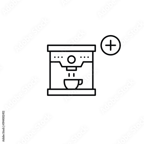 Coffee machine and plus symbol. Adding new drinks to menu, selected options. Start brewing. Pixel perfect, editable stroke vector icon