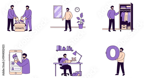 Six vignettes depicting men engaging in domestic or charitable activities