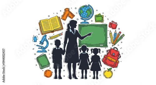 Teacher standing with three students.