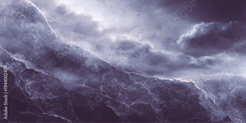 A dark landscape of summer mountains under a cloudy sky features a time lapse of lightning storm clouds rolling over high peaks during a dramatic weather change