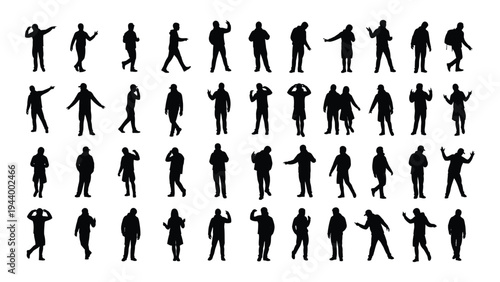 Collection of diverse human silhouettes in various poses and actions on white background for design and illustration