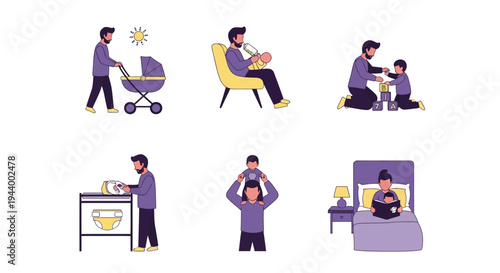 Six vignettes show a bearded father performing various childcare tasks with his children