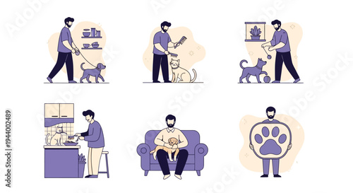 Six vignettes showing a man caring for pets walking grooming playing feeding cuddling holding a paw print