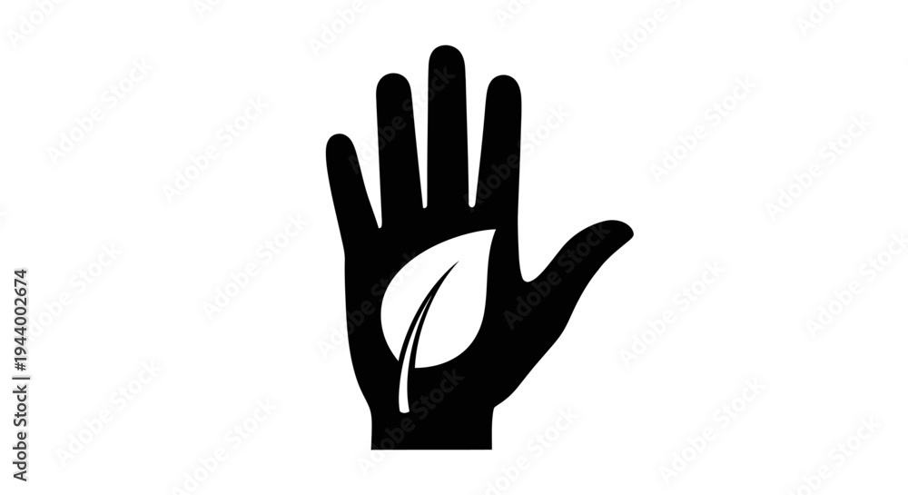 Fototapeta premium Black silhouette of a hand holding a green leaf icon.