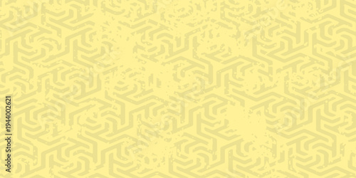 Seamless geometric hexagon maze background with light grunge effect in soft yellow color palette.