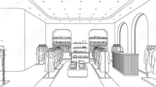 Luxury fashion boutique interior featuring symmetrical apparel displays, arched wall alcoves, a minimalist service counter, and modern architectural lighting.