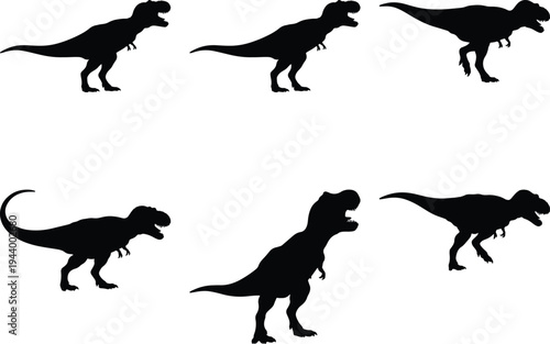 Dynamic collection of six powerful Tyrannosaurus Rex (T-Rex) dinosaur silhouettes, showcasing various menacing prehistoric poses for educational content and bold graphic design projects.