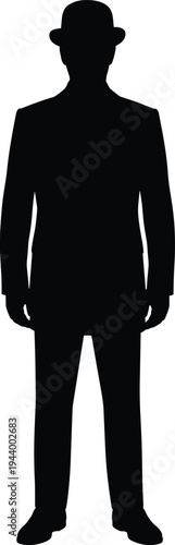 Gentleman silhouette wearing formal suit and bowler hat standing in professional pose isolated on white background for vintage business SEO.