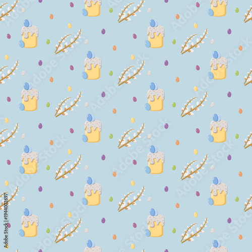 Seamless Easter pattern with decorated cakes, pussy willow branches, and colorful eggs on pastel blue background, festive seasonal design for wrapping paper and holiday decor