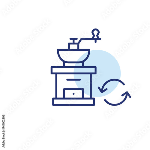 Coffee grinder and renew arrows. Menu brew refresh, cafe renewal. Pixel perfect, editable stroke vector icon