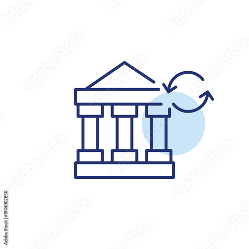 Bank and renew arrows. Account refresh, finance renewal, transaction update. Pixel perfect, editable stroke vector icon