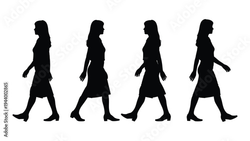 A series of four identical female silhouettes in various stages of walking, depicting movement and progression in a simple yet effective visual representation