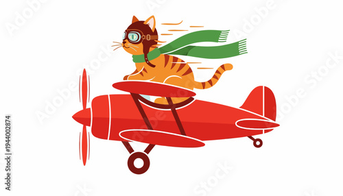 Whimsical cartoon of an adventurous tabby cat pilot, wearing goggles and scarf, flying a red biplane for an imaginative journey