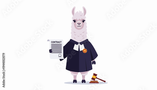 Whimsical Llama Judge Character Holding a Legal Contract and Gavel, Representing Justice and Agreement in a Humorous Illustration