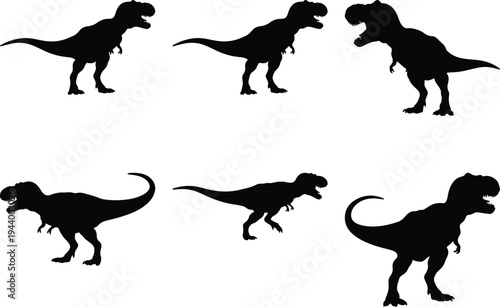 Dynamic collection of six powerful Tyrannosaurus Rex (T-Rex) dinosaur silhouettes, showcasing various menacing prehistoric poses for educational content and bold graphic design projects.