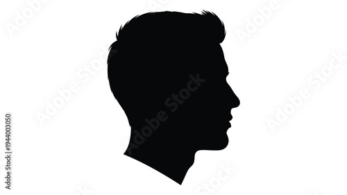 A side profile silhouette of a man's head with short hair and a contemplative expression on a plain white background for graphic design or digital art applications