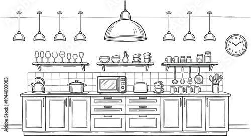 Meticulous interior elevation of a modern kitchen workspace featuring an organized countertop, subway-tile backsplash, microwave station, and symmetrical shelving.