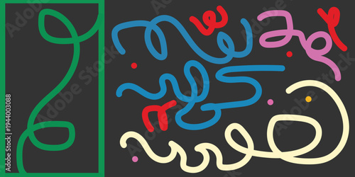 Vibrant abstract art with colorful squiggles and shapes on a dark background