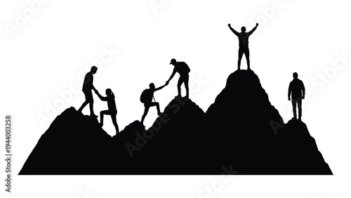 A group of people climbing a mountain with one person helping another and one person standing on top with arms raised in triumph and success