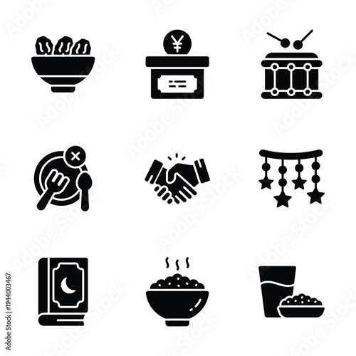 Collection of Ramadan icons including dates, donation box, drum, and meal.