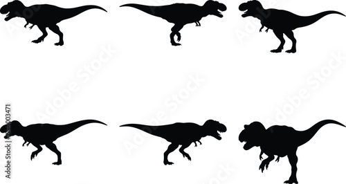 Six dynamic black Tyrannosaurus Rex silhouettes, featuring aggressive poses, open mouths, and active stances. Ideal vector graphic for educational content, game design, and prehistoric projects.