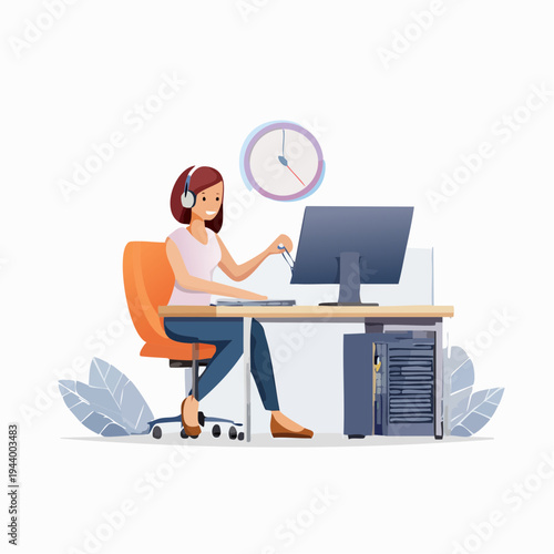 Woman working remotely on computer with headphones in a modern office